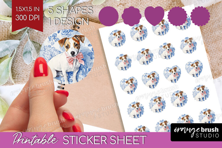 Jack Russell Terrier Dog Round Sticker Blue Toile Printable example image 1