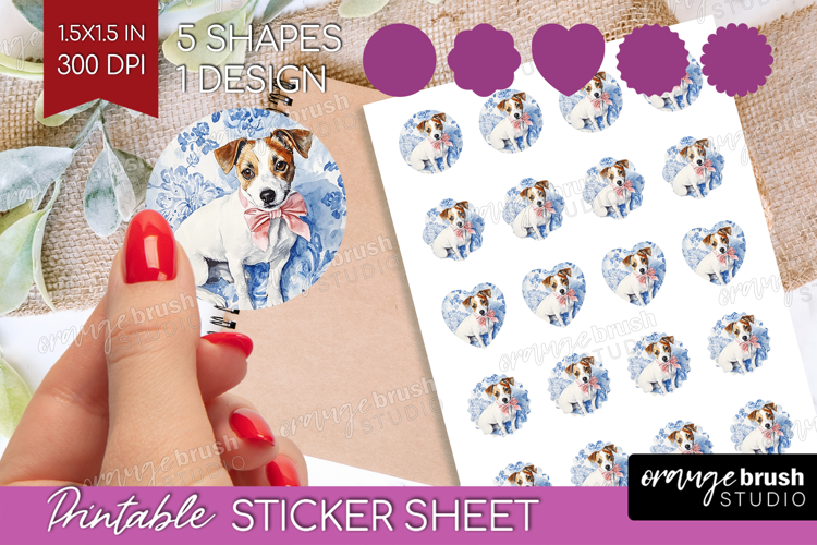 Jack Russell Terrier Dog Round Sticker Blue Toile Printable