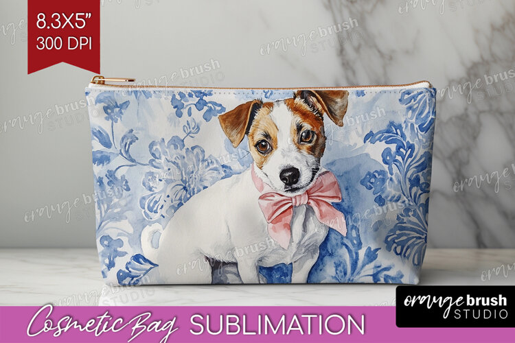Jack Russell Terrier Dog Cosmetic Bag Blue Toile Makeup Bag example image 1
