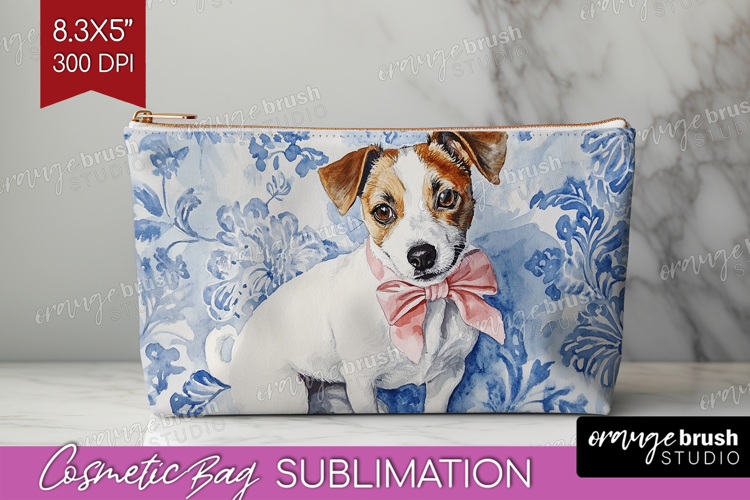 Jack Russell Terrier Dog Cosmetic Bag Blue Toile Makeup Bag