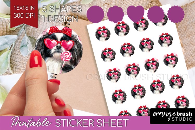 Japanese Chin Valentine Round Sticker Valentines Day Sticker example image 1