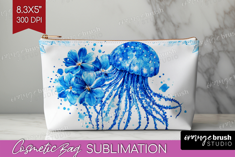 Jellyfish Floral Cosmetic Bag Blue Flowers Makeup Bag PNG