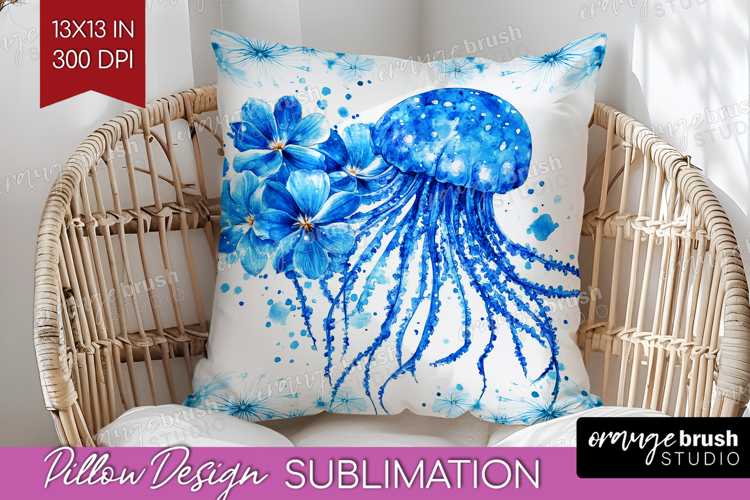 Jellyfish Floral Pillow Sublimation Blue Flowers Pillow PNG