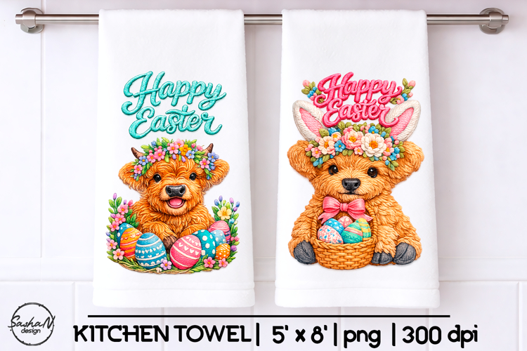 Happy Easter, Highland cow Easter towel sublimation
