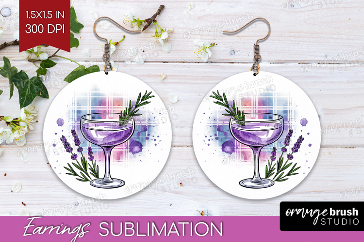 Lavender Fizz Cocktail Round Earrings Summer Drink PNG