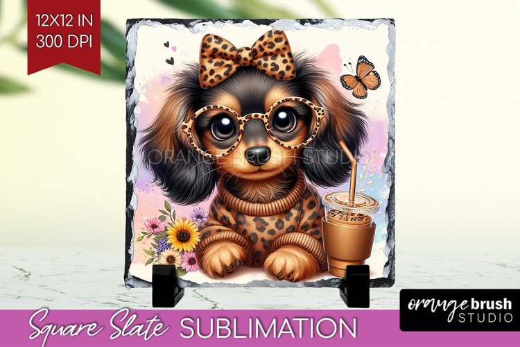 Cute Dog Slate PNG - Leopard Bow Square Slate Sublimation