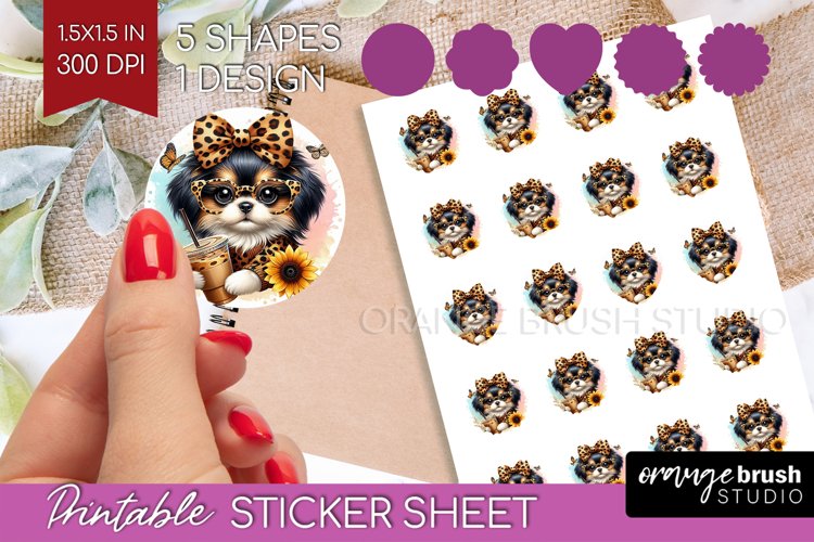 Cute Dog Round Sticker - Leopard Bow Printable Sticker Sheet