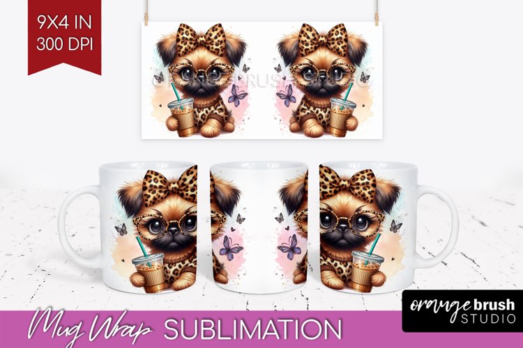Cute Dog Mug Wrap - Leopard Bow Mug PNG Sublimation