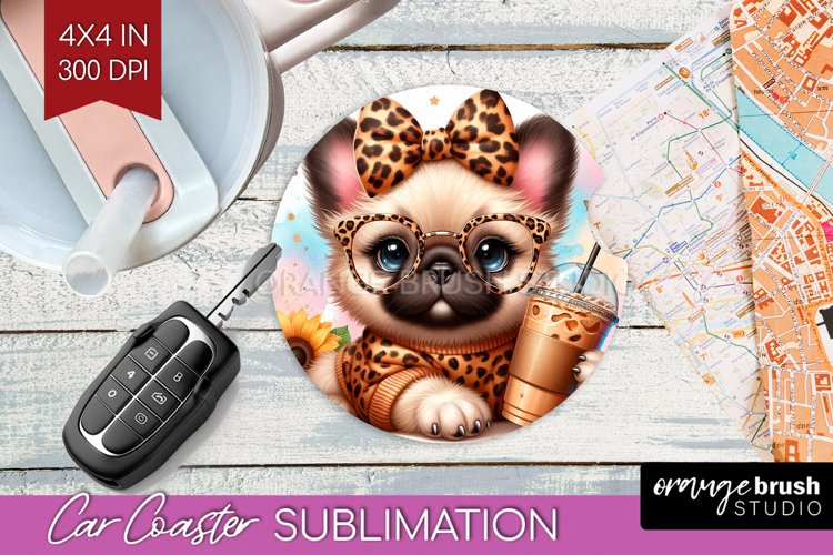 Cute Dog Car Coaster - Leopard Bow Coaster PNG Sublimation