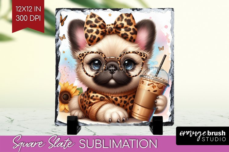 Cute Dog Slate PNG - Leopard Bow Square Slate Sublimation