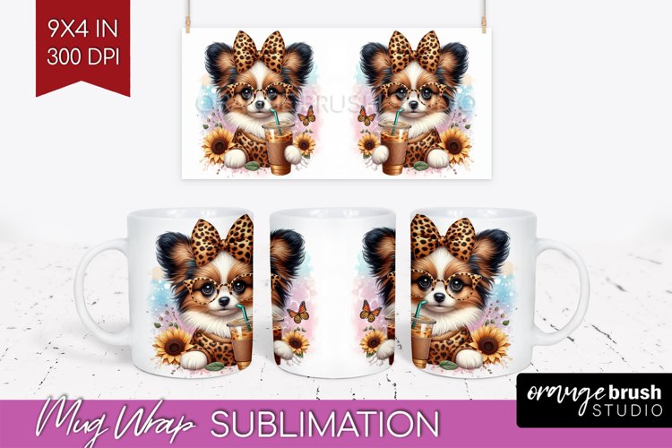 Cute Dog Mug Wrap - Leopard Bow Mug PNG Sublimation