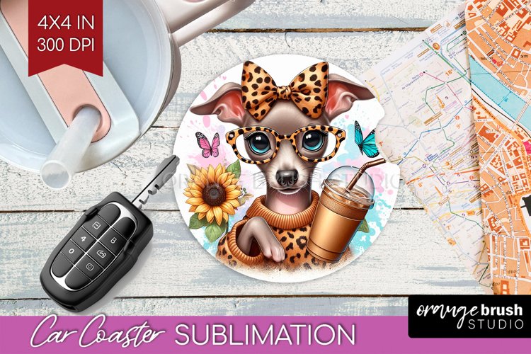 Cute Dog Car Coaster - Leopard Bow Coaster PNG Sublimation example image 1