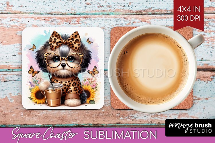 Cute Dog Square Coaster - Leopard Bow Coaster PNG