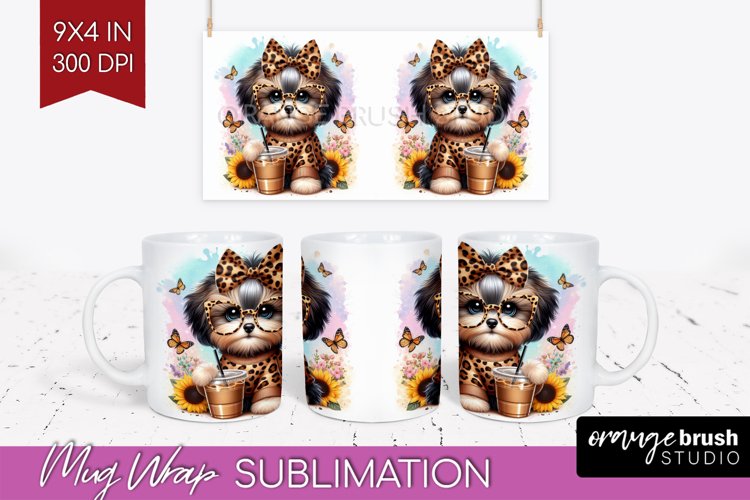 Cute Dog Mug Wrap - Leopard Bow Mug PNG Sublimation