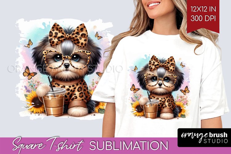 Cute Dog Square Tshirt Background - Leopard Bow PNG