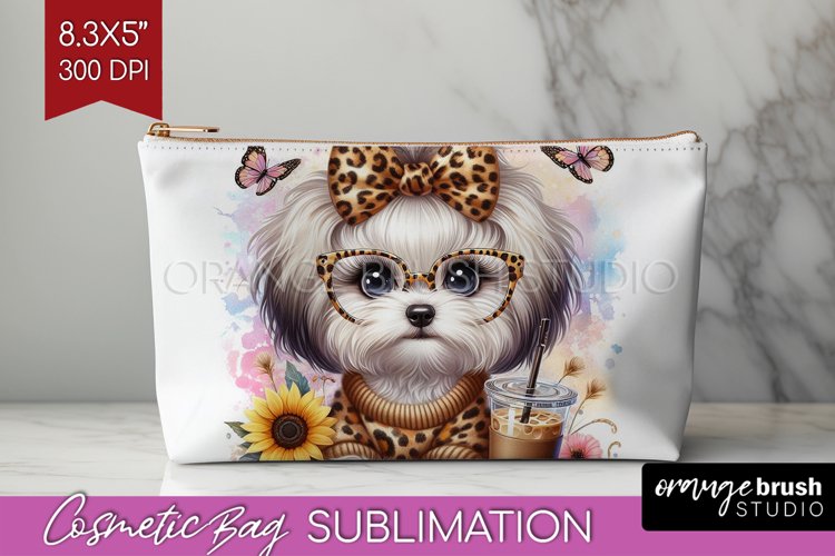 Cute Dog Cosmetic Bag - Leopard Bow Makeup Bag PNG