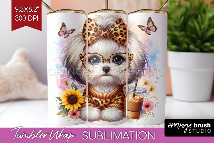 Cute Dog Tumbler Wrap - Leopard Bow Tumbler PNG Sublimation