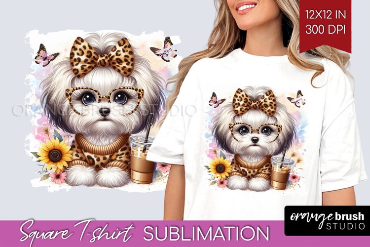Cute Dog Square Tshirt Background - Leopard Bow PNG