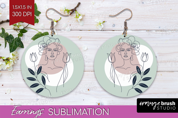 Line Art Woman Round Earrings - Minimalist PNG Sublimation