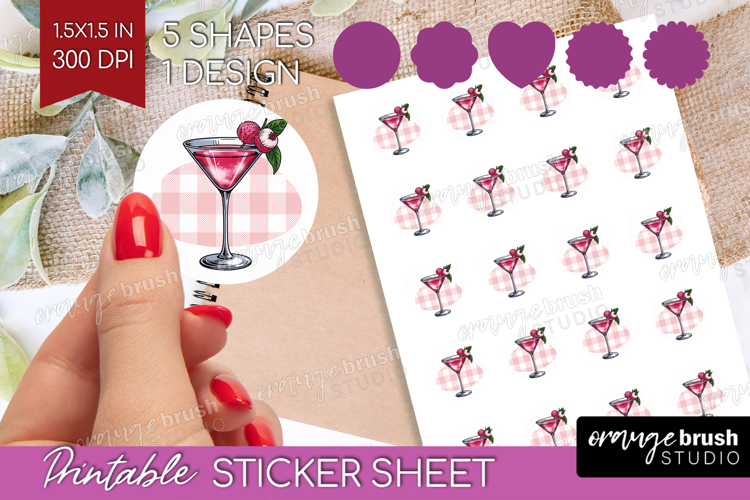 Lychee Martini Cocktail Round Sticker Summer Drink Printable