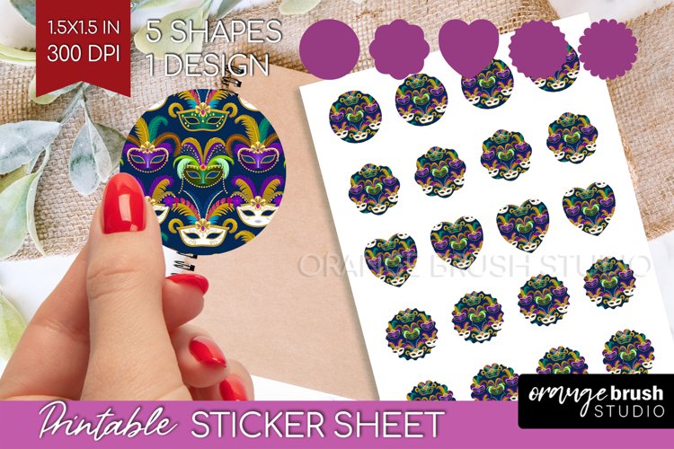 Mardi Gras Round Sticker - Carnival Printable Sticker Sheet