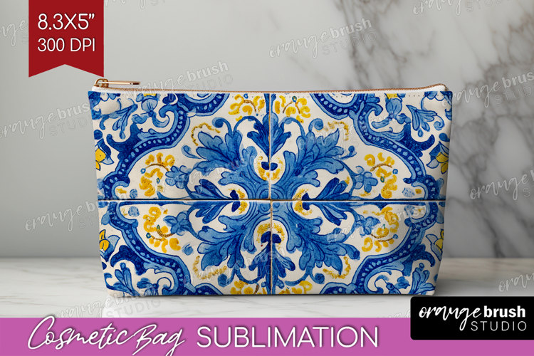 Mediterranean Cosmetic Bag - Italian Tile Makeup Bag PNG