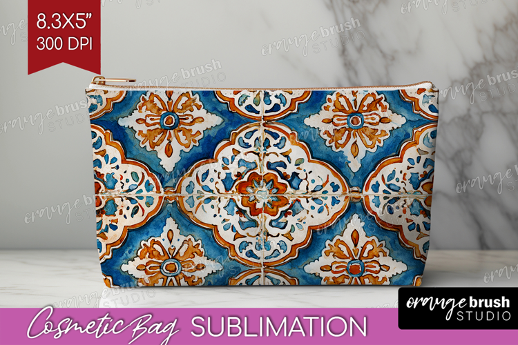 Mediterranean Cosmetic Bag - Italian Tile Makeup Bag PNG
