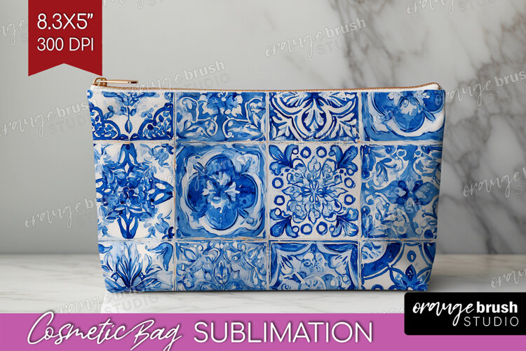 Mediterranean Cosmetic Bag - Italian Tile Makeup Bag PNG example image 1