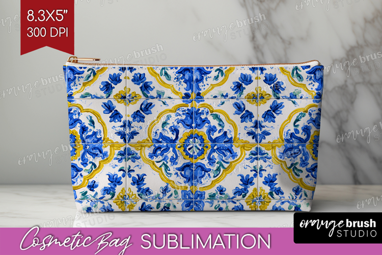 Mediterranean Cosmetic Bag - Italian Tile Makeup Bag PNG