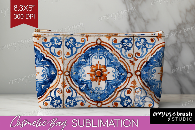 Mediterranean Cosmetic Bag - Italian Tile Makeup Bag PNG
