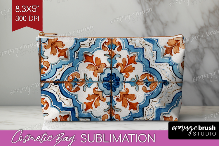 Mediterranean Cosmetic Bag - Italian Tile Makeup Bag PNG