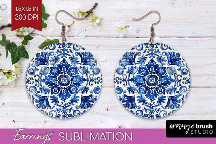 Mediterranean Round Earrings - Italian Tile PNG Sublimation