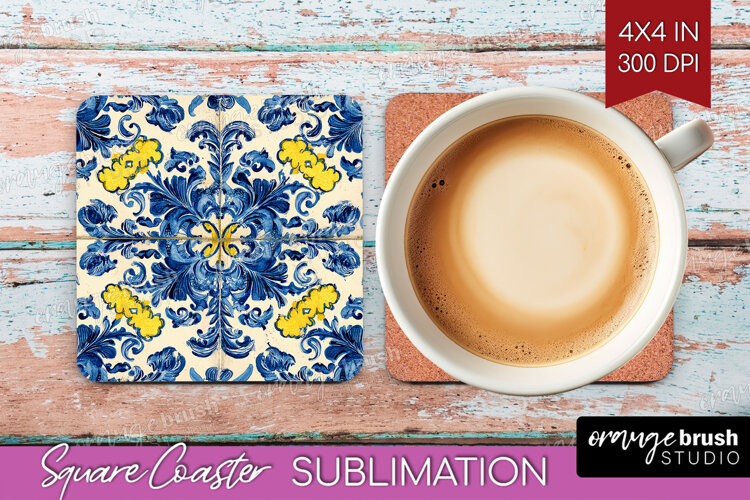 Mediterranean Square Coaster - Italian Tile Coaster PNG example image 1