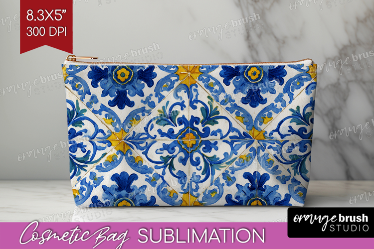 Mediterranean Cosmetic Bag - Italian Tile Makeup Bag PNG