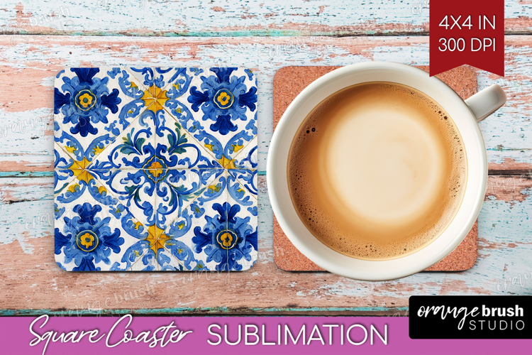 Mediterranean Square Coaster - Italian Tile Coaster PNG