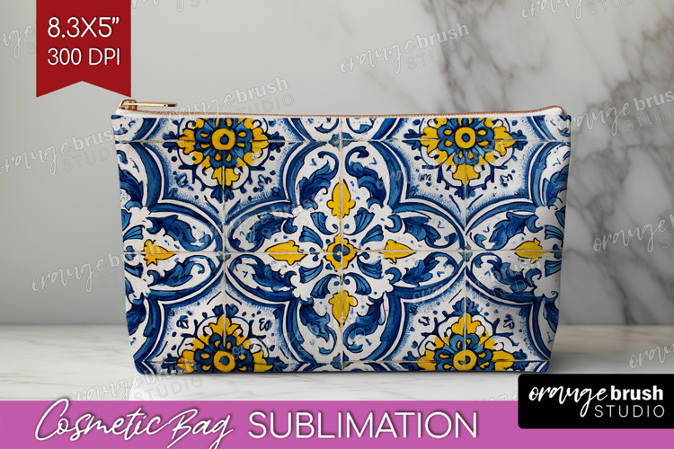 Mediterranean Cosmetic Bag - Italian Tile Makeup Bag PNG