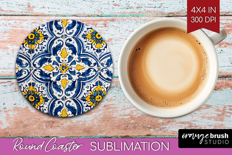 Mediterranean Round Coaster - Italian Tile Coaster PNG