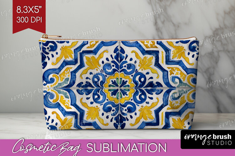 Mediterranean Cosmetic Bag - Italian Tile Makeup Bag PNG example image 1