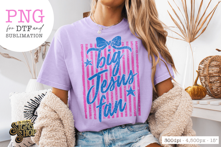 Big Jesus Fan Coquette PNG | Christian Retro Stripe Design