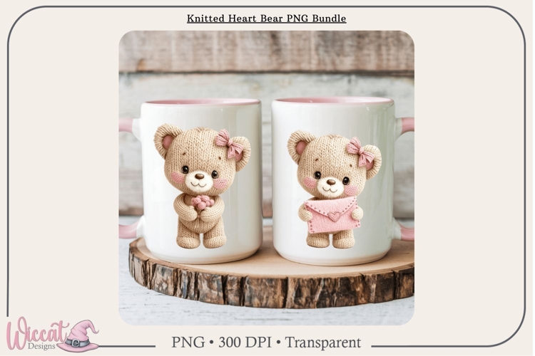 Knitted Heart Bear PNG Bundle, Faux Yarn Teddy Bears,