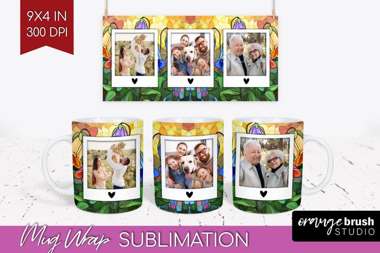 Stained Glass Photo Mug Wrap PNG - Flowers Picture Frame Mug