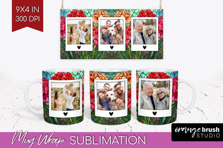 Stained Glass Photo Mug Wrap PNG - Flowers Picture Frame Mug