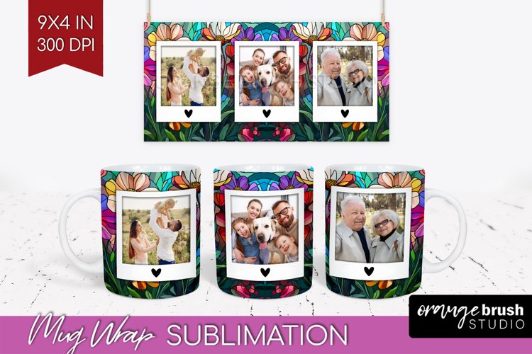 Stained Glass Photo Mug Wrap PNG - Flowers Picture Frame Mug