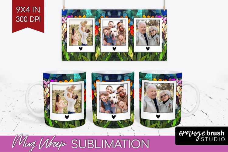 Stained Glass Photo Mug Wrap PNG - Flowers Picture Frame Mug