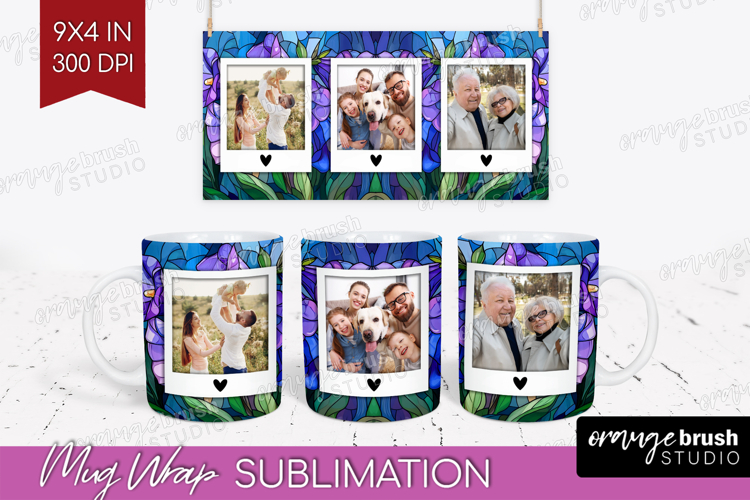 Stained Glass Photo Mug Wrap PNG - Flowers Picture Frame Mug