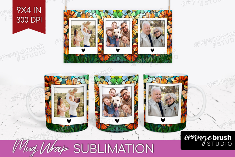 Stained Glass Photo Mug Wrap PNG - Flowers Picture Frame Mug
