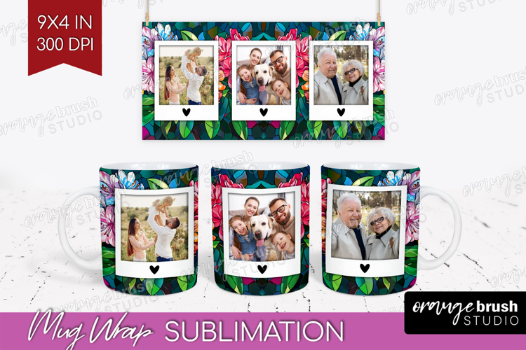 Stained Glass Photo Mug Wrap PNG - Flowers Picture Frame Mug