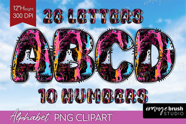 Neon Halloween Doodle Aphabet Clipart - Spooky Letters PNG