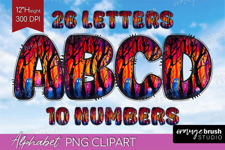 Neon Halloween Doodle Aphabet Clipart - Spooky Letters PNG