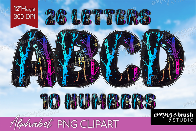 Neon Halloween Doodle Aphabet Clipart - Spooky Letters PNG